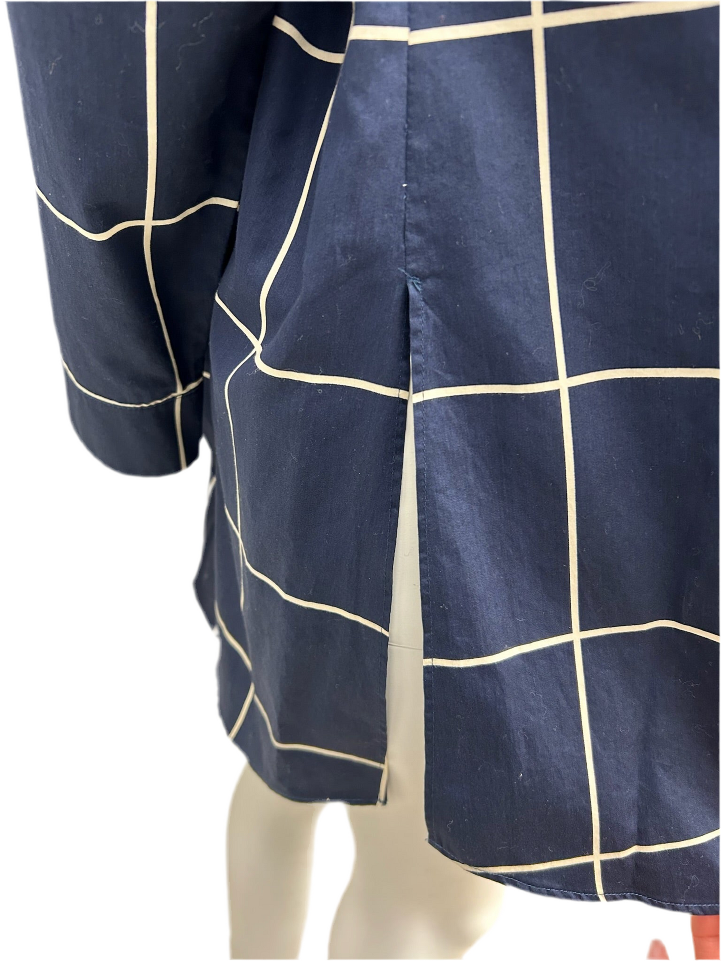 Akris Navy Blue Checkered Button Up Tunic Shirt Size 6
