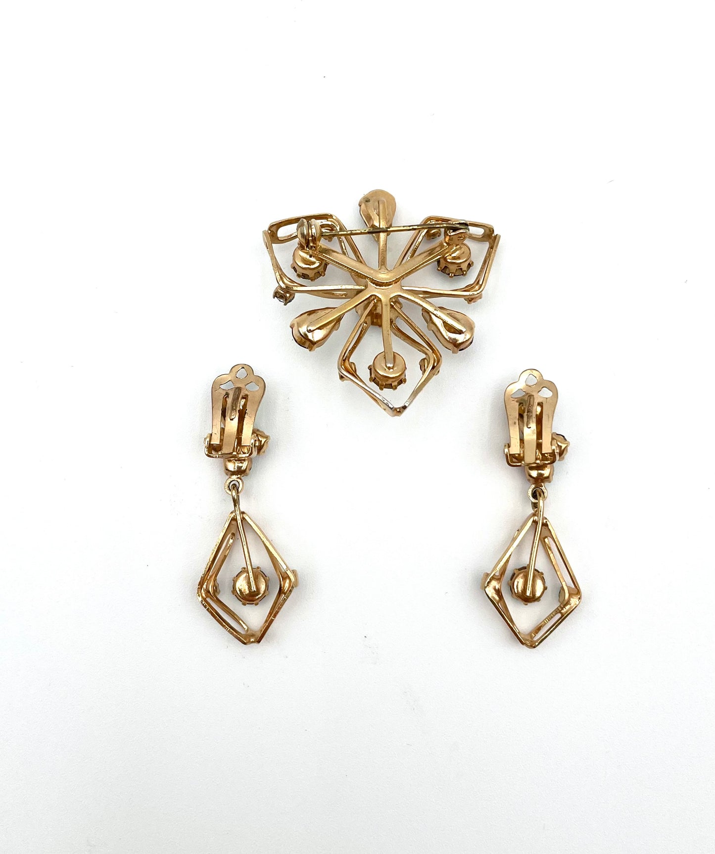 Vintage Mid-Century Rhinestone Demi-Parure (Brooch + Clip Earrings)