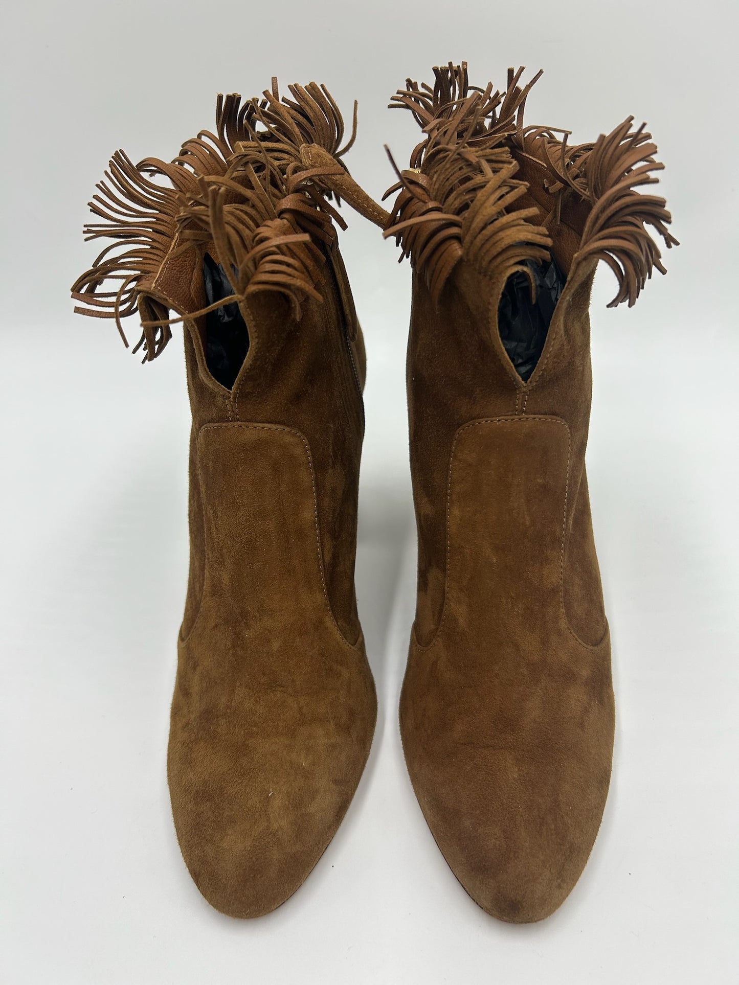 New Prada Camel Suede Leather Fringe Ankle Boots Size 35