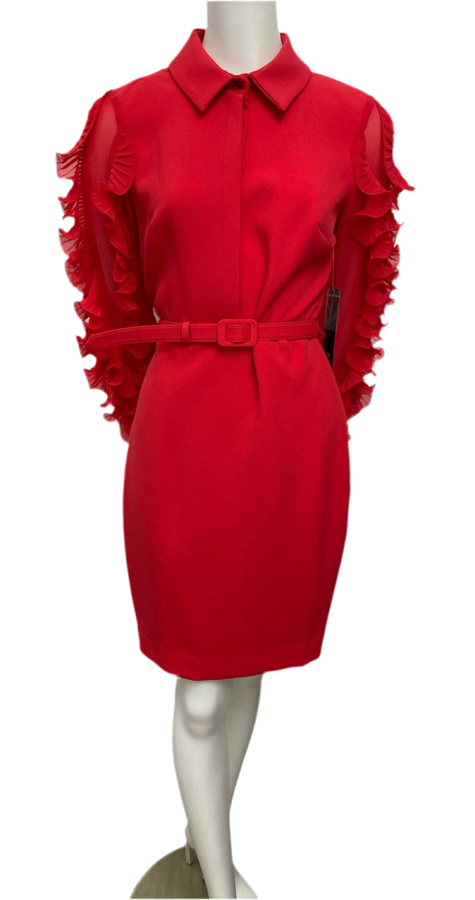 Brand New Badgley Mischka Red Belted Ruffle Dress Size 6