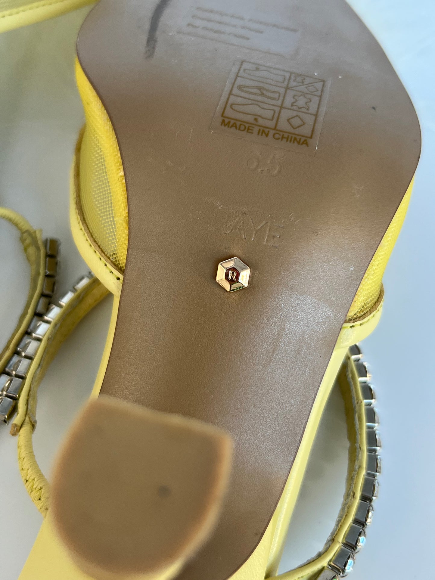 New Raye The Label Yellow Pom Pom Feather Mesh Mule Size 6.5