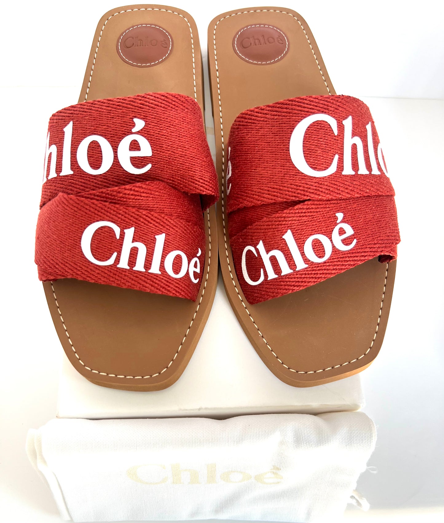Brand New Chloe TerraCotta Red Woody Slides Size 42