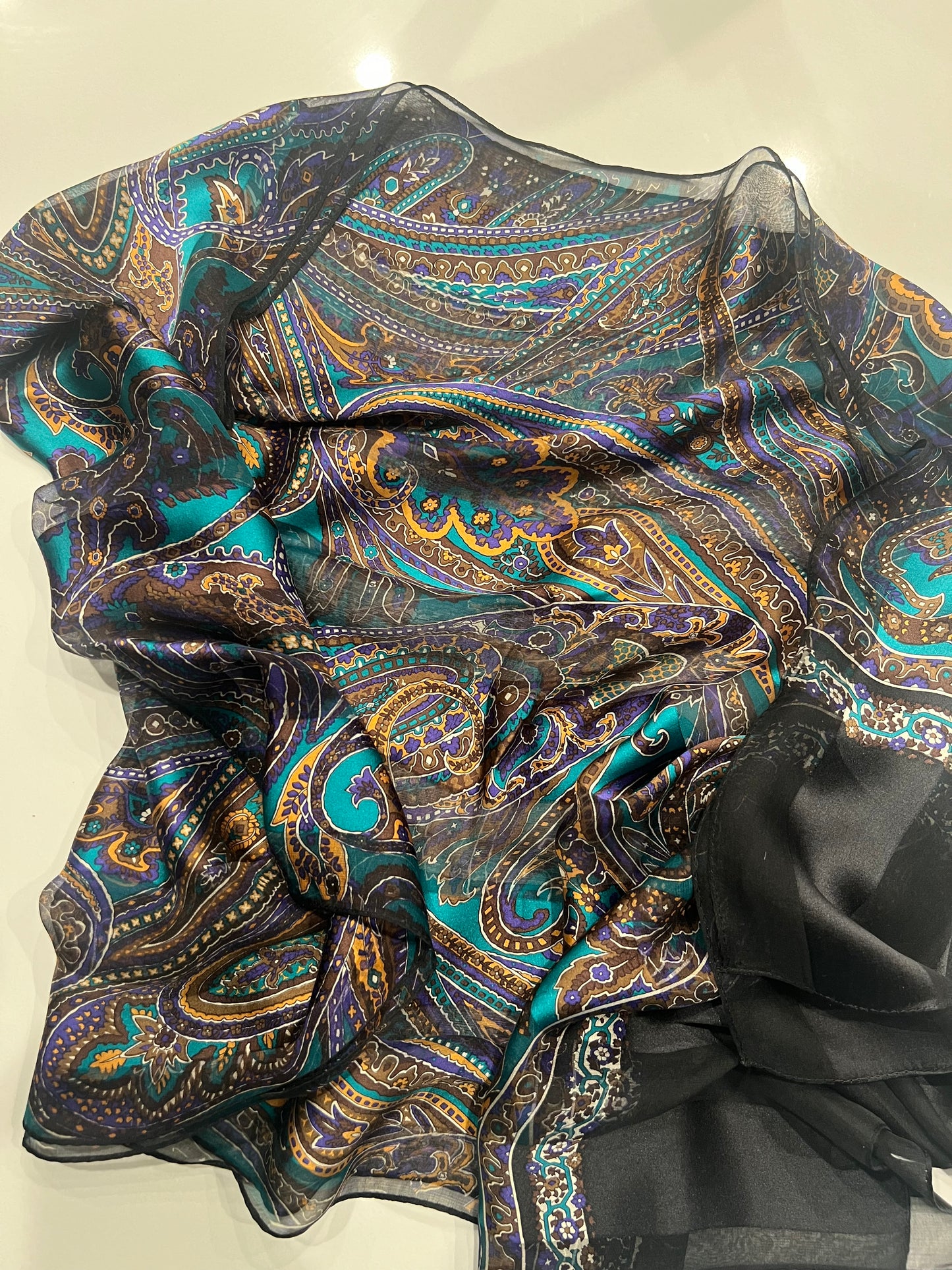 YSL Green Paisley Print Silk Shawl Scarf