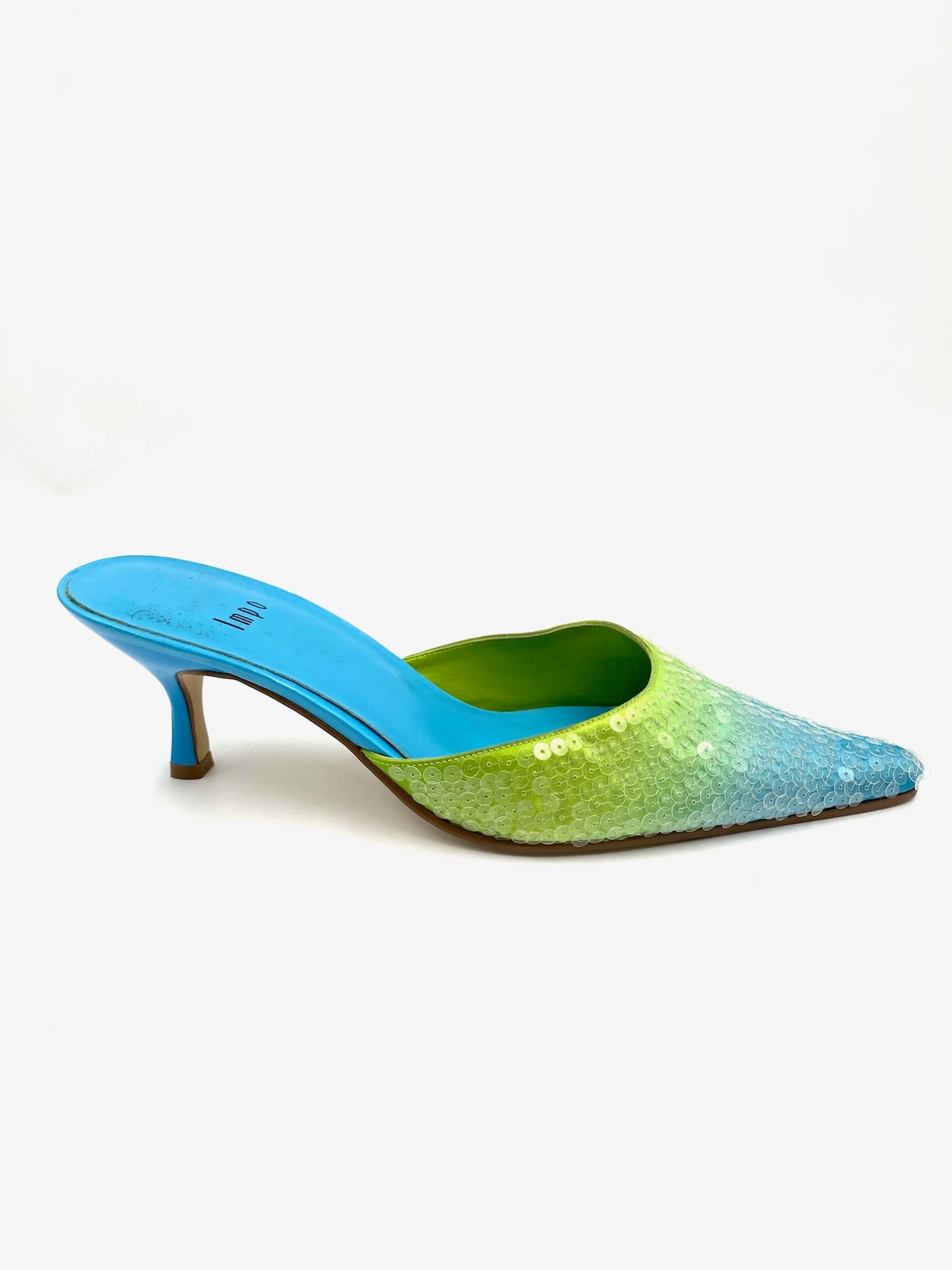 Impo Blue & Green Ombre Sequin Pointed Kitten Heel Mule Size 8M