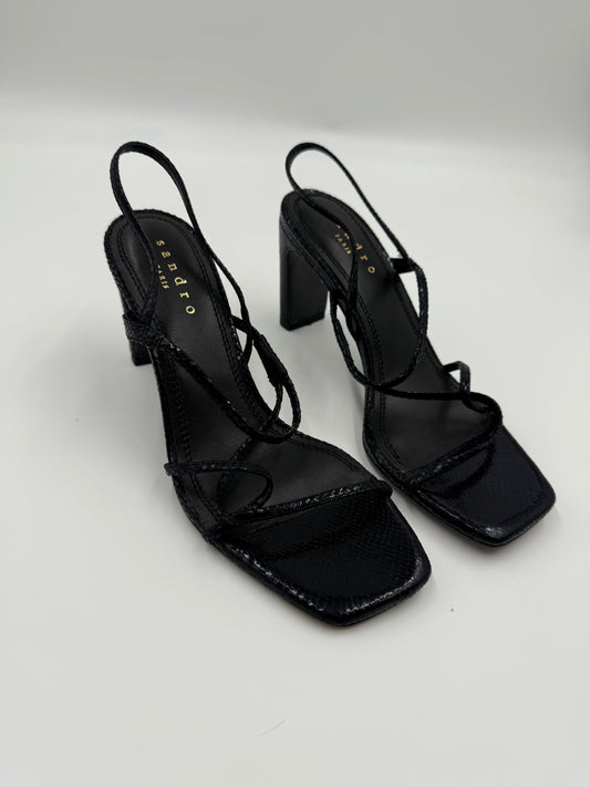 Sandro Black Leather Embossed Strappy Heels Size 38