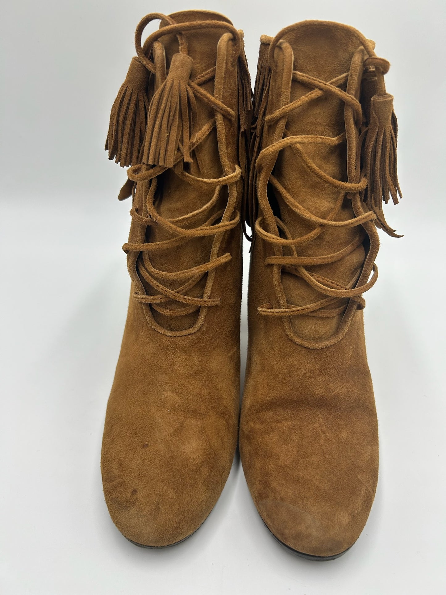 Prada Camel Suede Fringe Booties Size 37