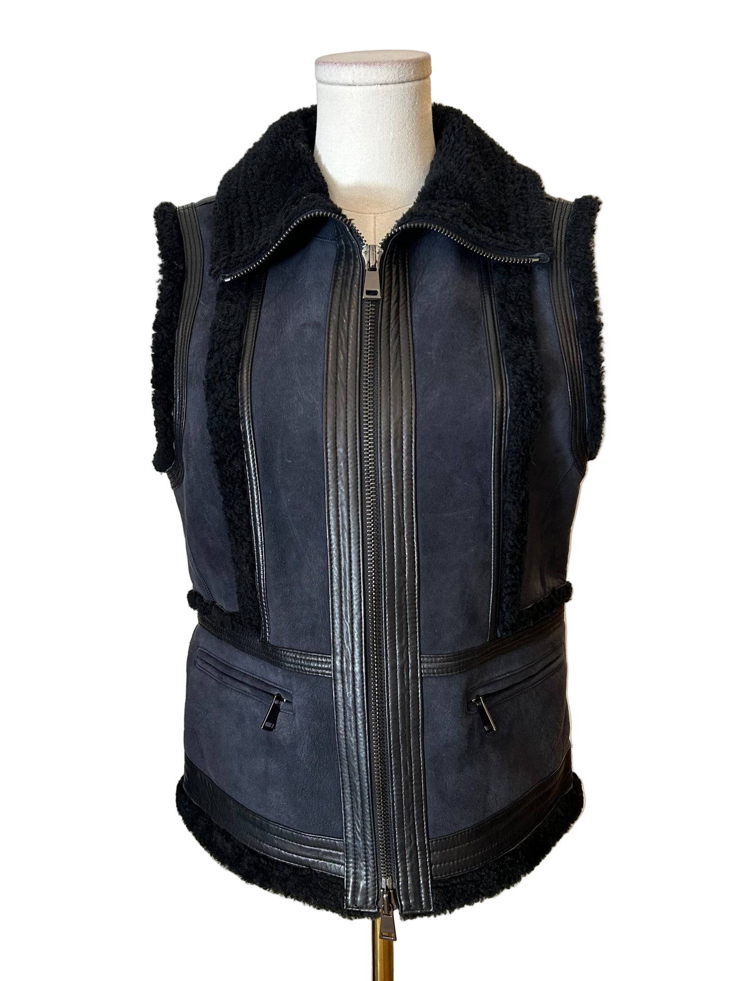 Vince Navy Shearling Lambskin Vest Size S