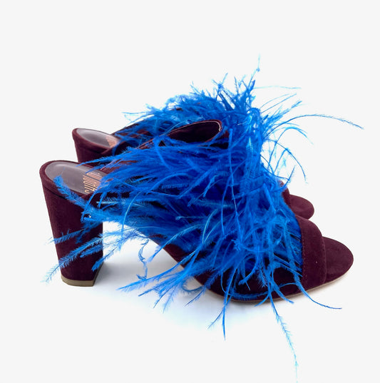 Charlotte Stone Fara Blue & Burgundy Feathered Mule Size 8