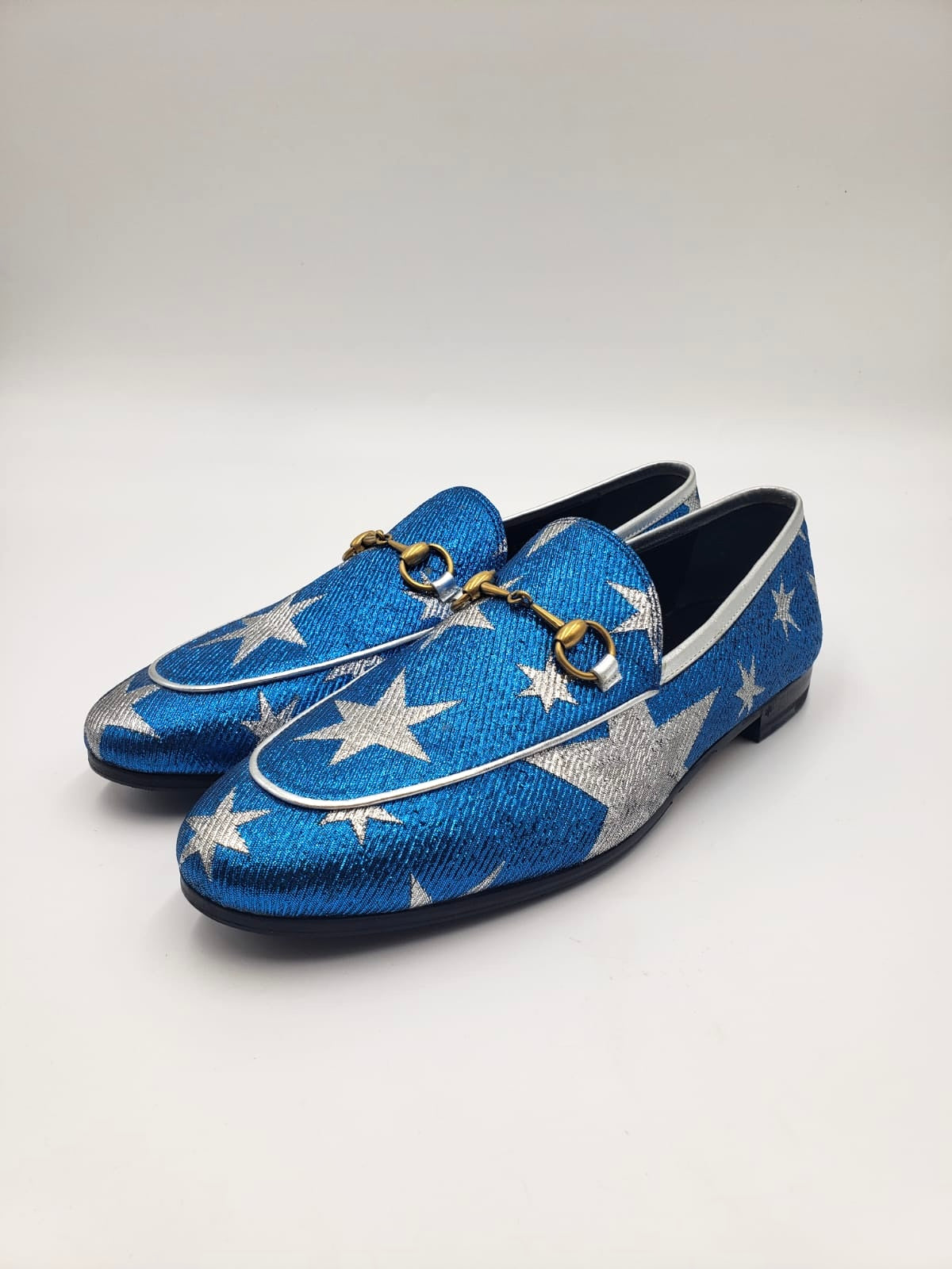 Brand New Gucci Blue & Silver Star Jordaan Loafers Size 39.5