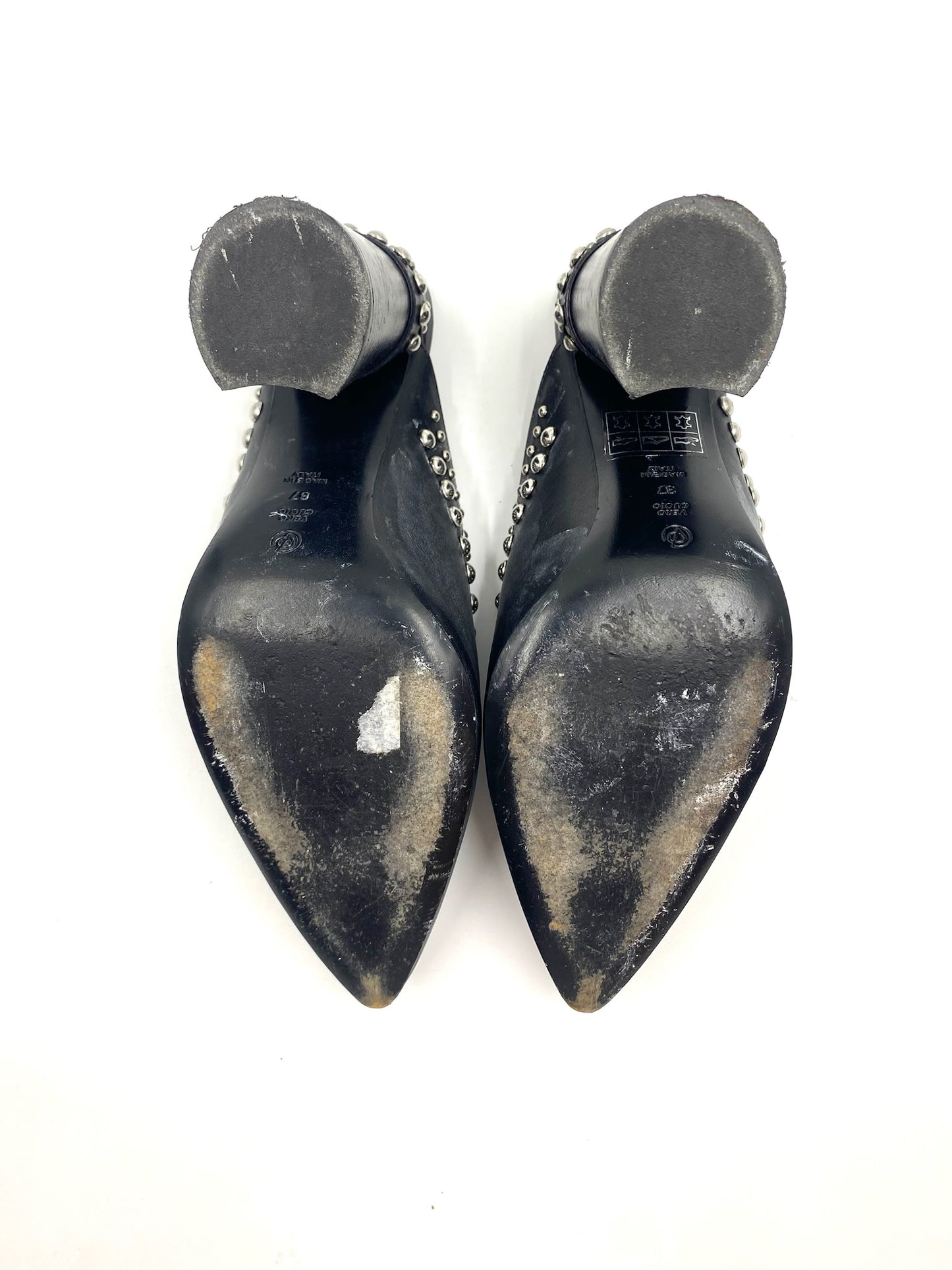 3:1 Philip Lim Black "Patsy" Silver Stud Mule, size 37, showing worn soles and block heels.