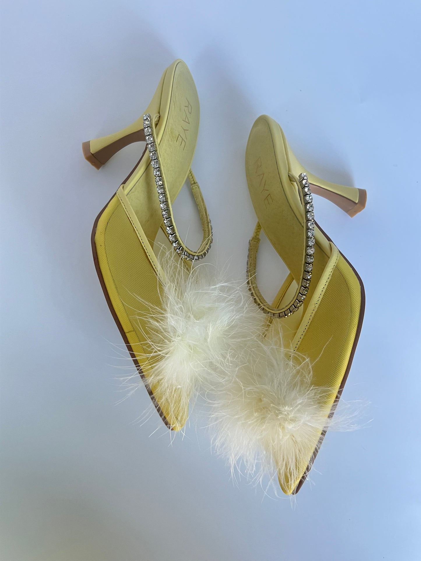 New Raye The Label Yellow Pom Pom Feather Mesh Mule Size 6.5
