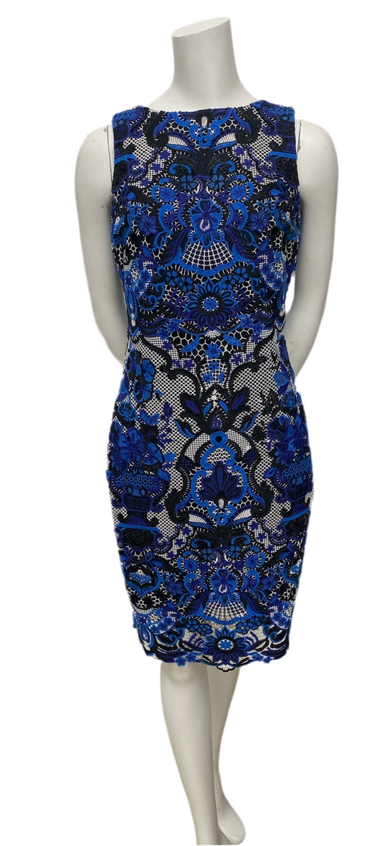Brand New Badgley Mischka Blue Floral Lace Sheath Dress Size 4