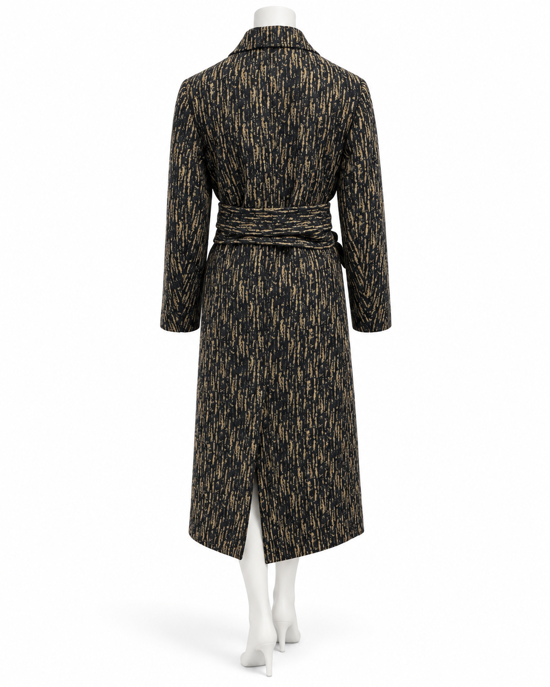 3.1 Phillip Lim black and tan abstract print wool belted long coat, size 8, back view on mannequin.