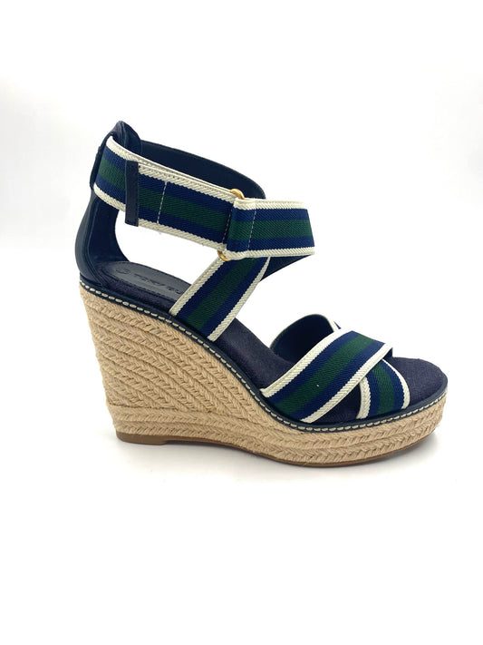 Brand New Tory Burch Navy & Green Wedge Sandals Size 7