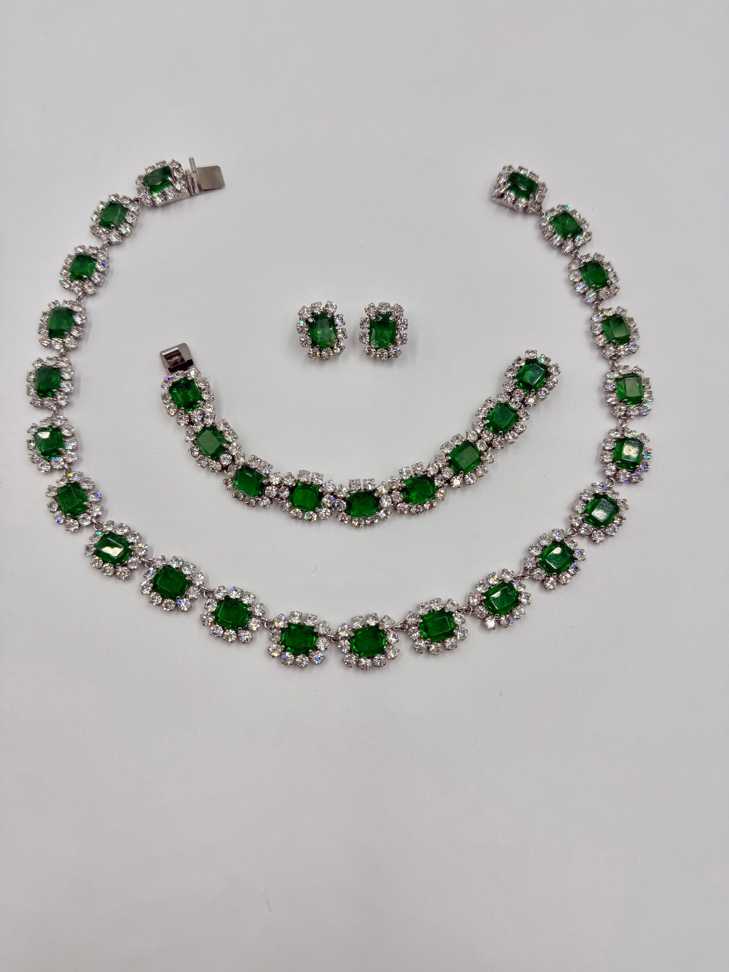 Rare Vintage 1973 Christian Dior Emerald Green & Glass Stone Necklace, Bracelet & Earring Set ( Collectible Piece)