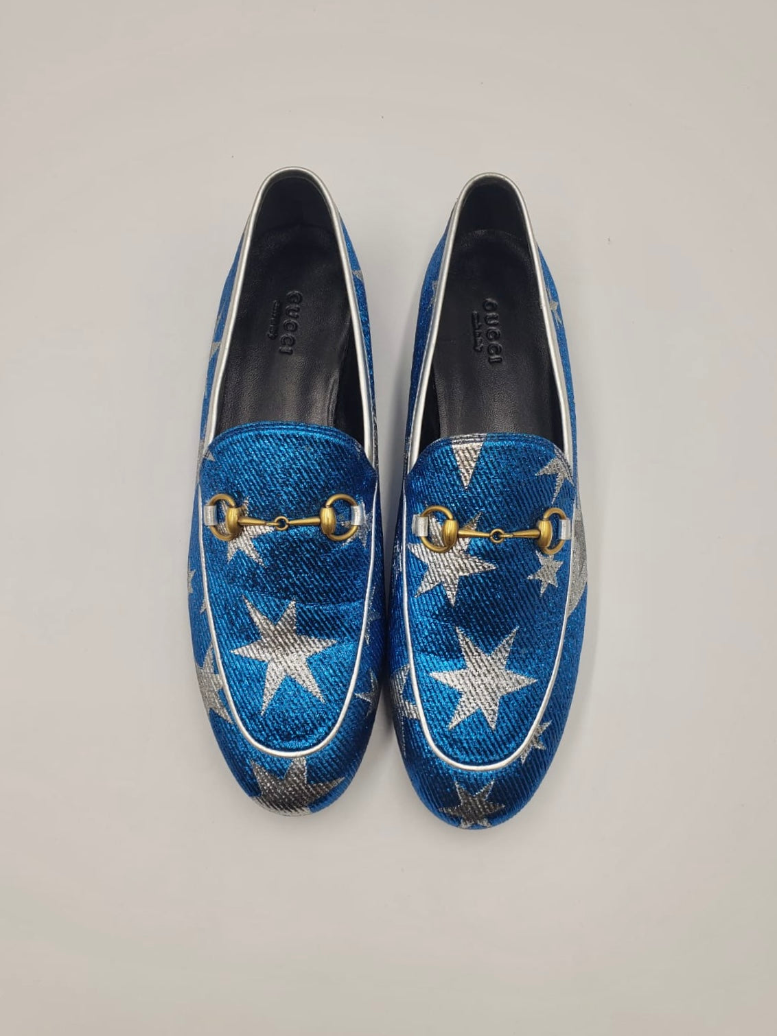 Brand New Gucci Blue & Silver Star Jordaan Loafers Size 39.5