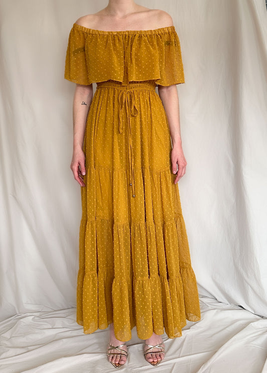 Baltic Born Mustard Yellow Swiss Dot Off Shoulder Maxi Dress Size M