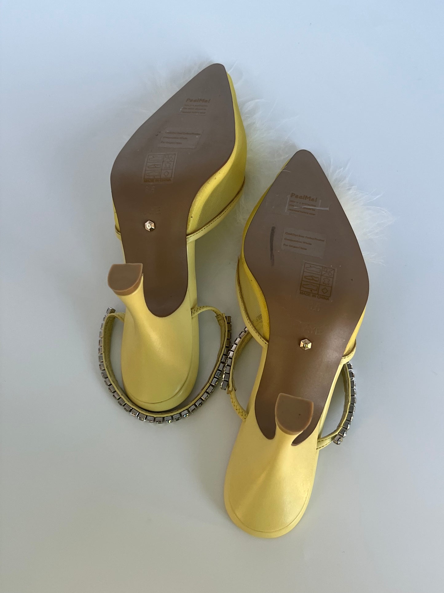 New Raye The Label Yellow Pom Pom Feather Mesh Mule Size 6.5