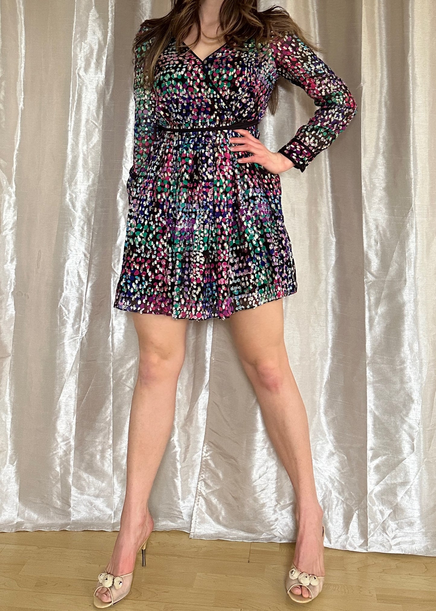 Kate Spade Multi-Color Metallic Thread Faux Wrap Dress Size 6