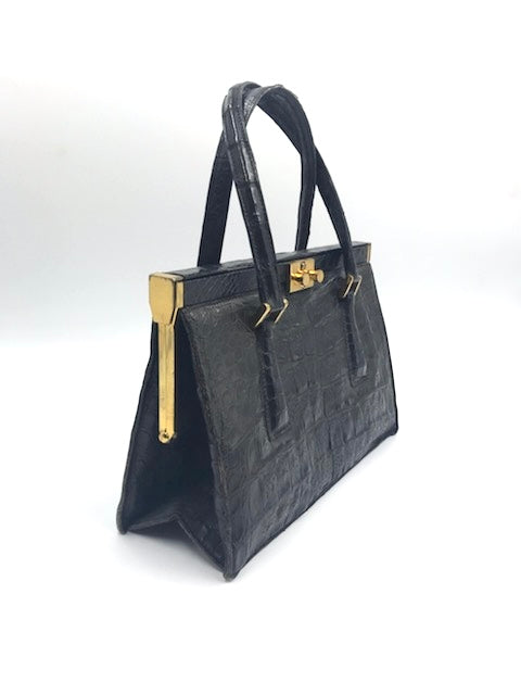 Vintage 1950s Black Crocodile Tote