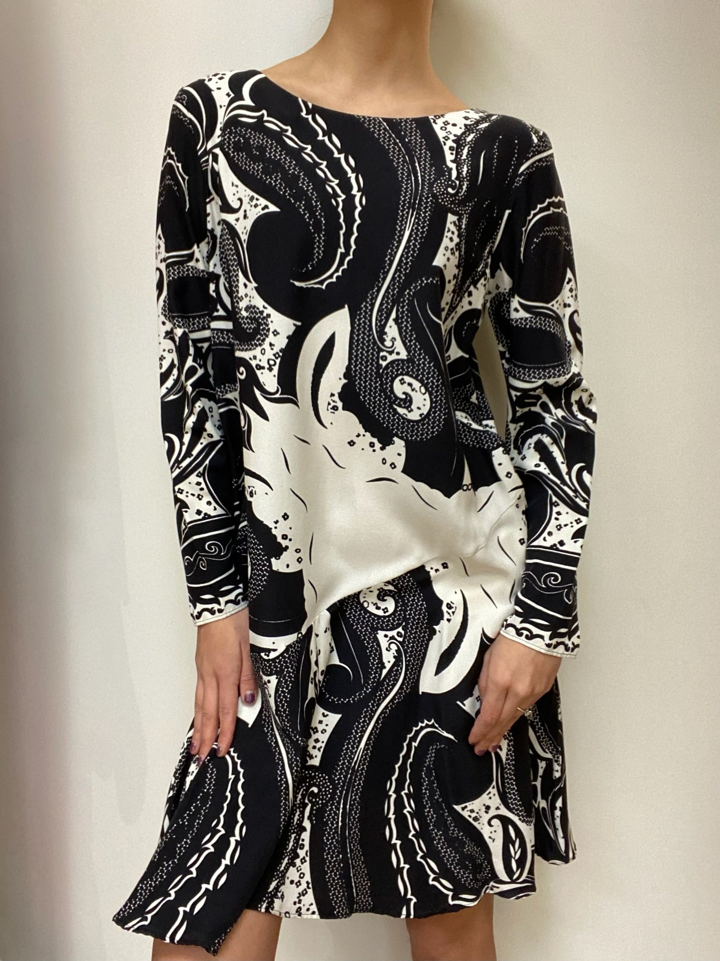 Etro Black & White Print Silk Dress Size 44