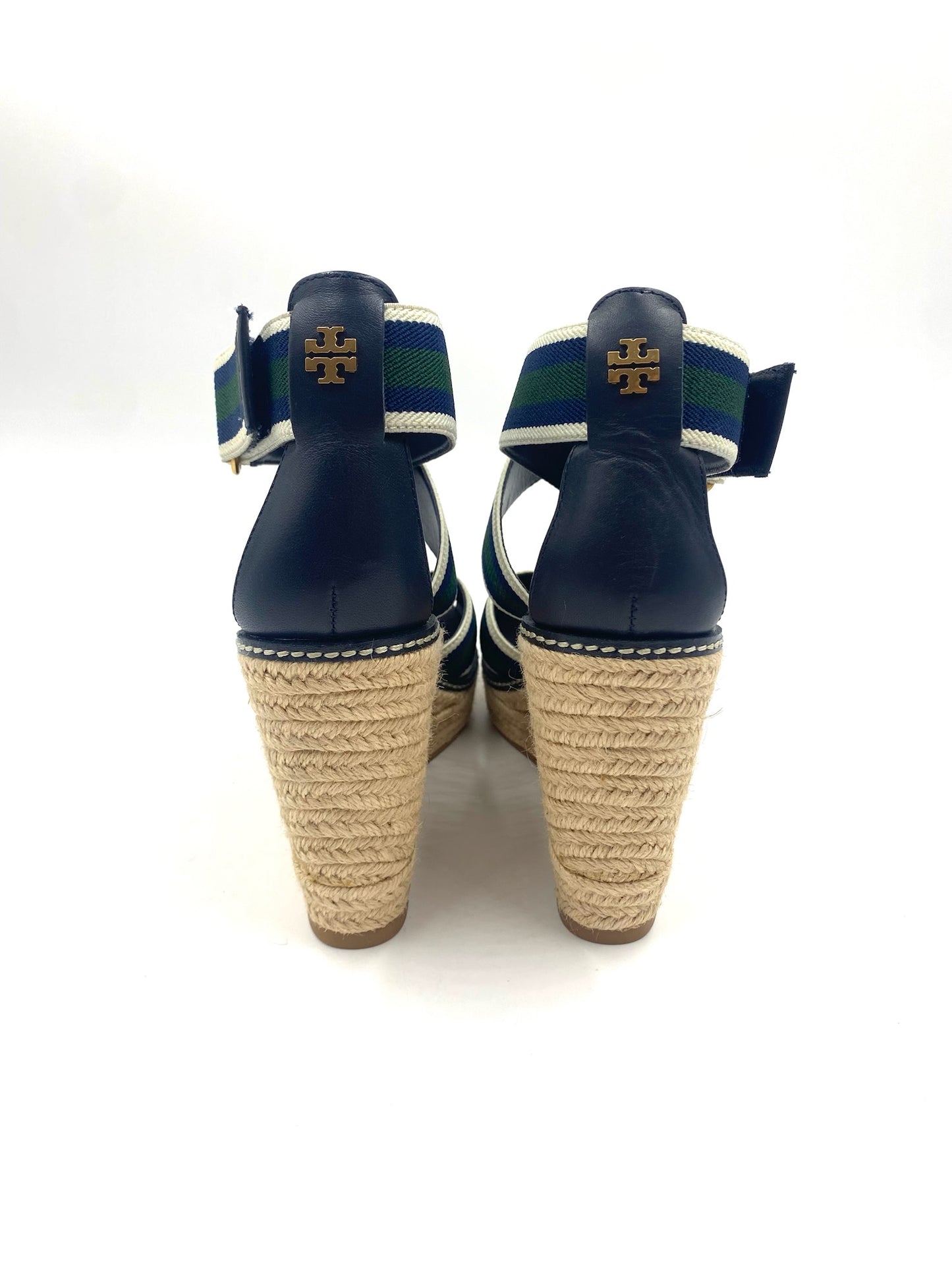 Brand New Tory Burch Navy & Green Wedge Sandals Size 7