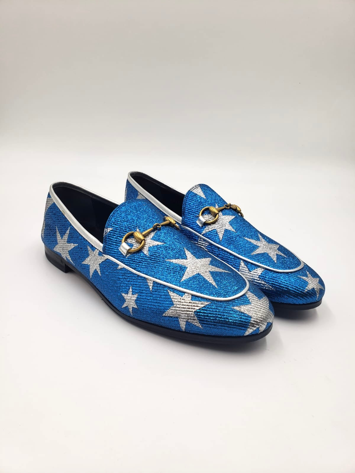 Brand New Gucci Blue & Silver Star Jordaan Loafers Size 39.5