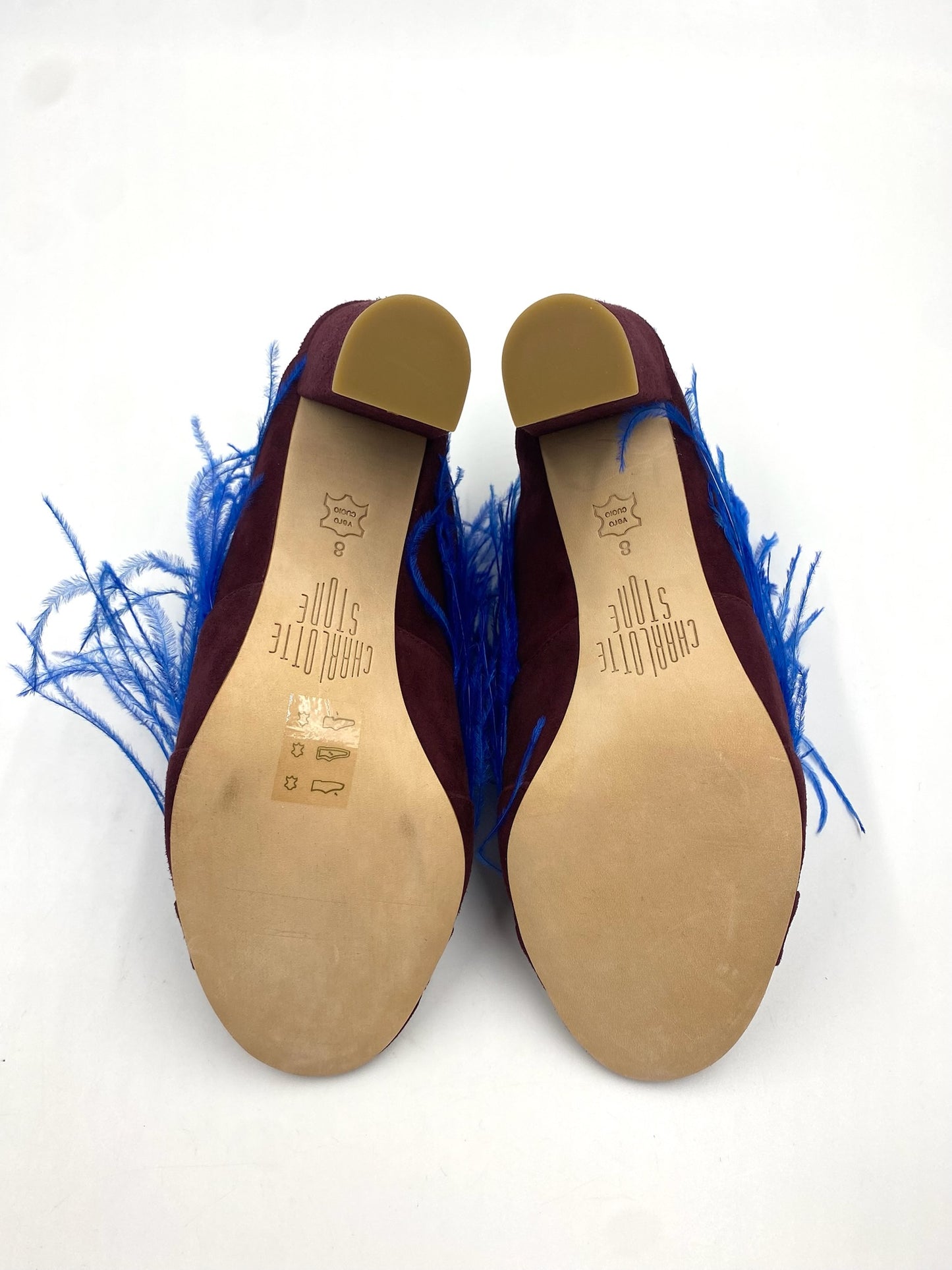 Brand New Charlotte Stone Oxblood & Royal Blue Feather Mule Size 8