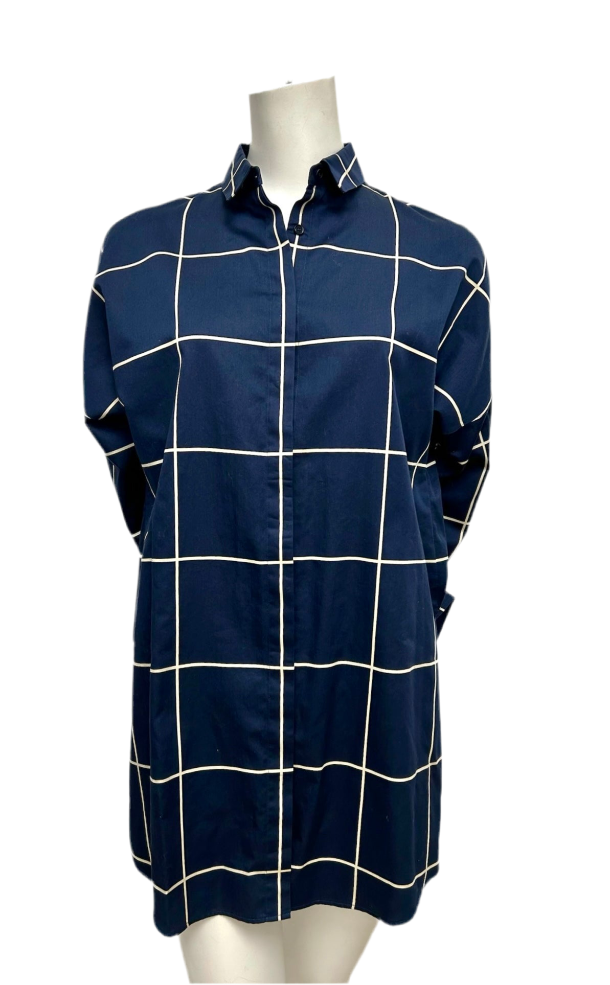 Akris Navy Blue Checkered Button Up Tunic Shirt Size 6