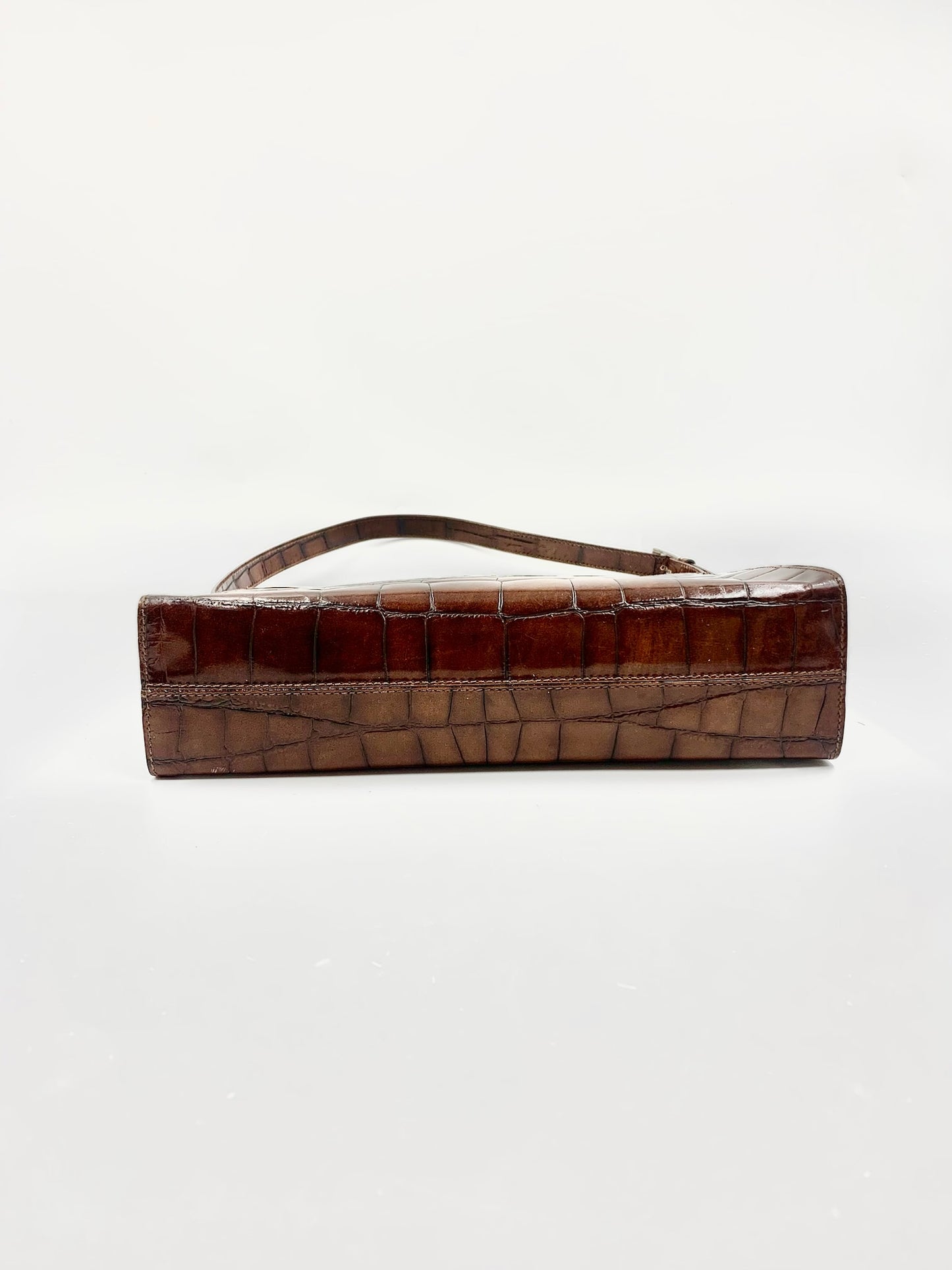 Furla Brown Leather Croc Embossed Shoulder Bag
