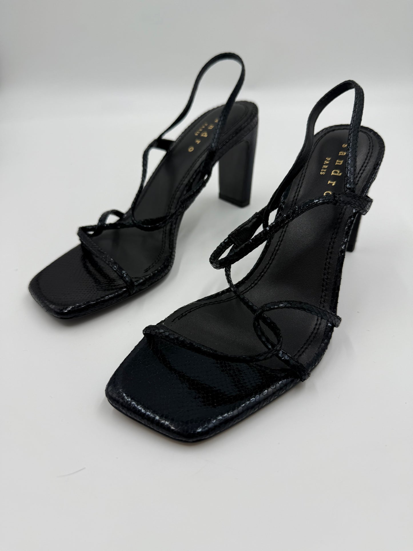 Sandro Black Leather Embossed Strappy Heels Size 38