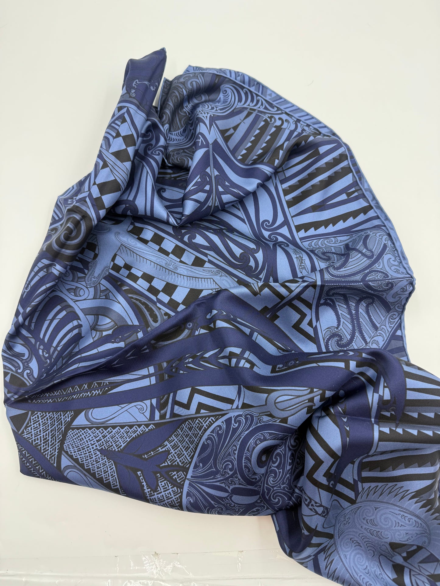 Hermes’ 90cm Kawa Ora Dark Blue Print Silk Scarf