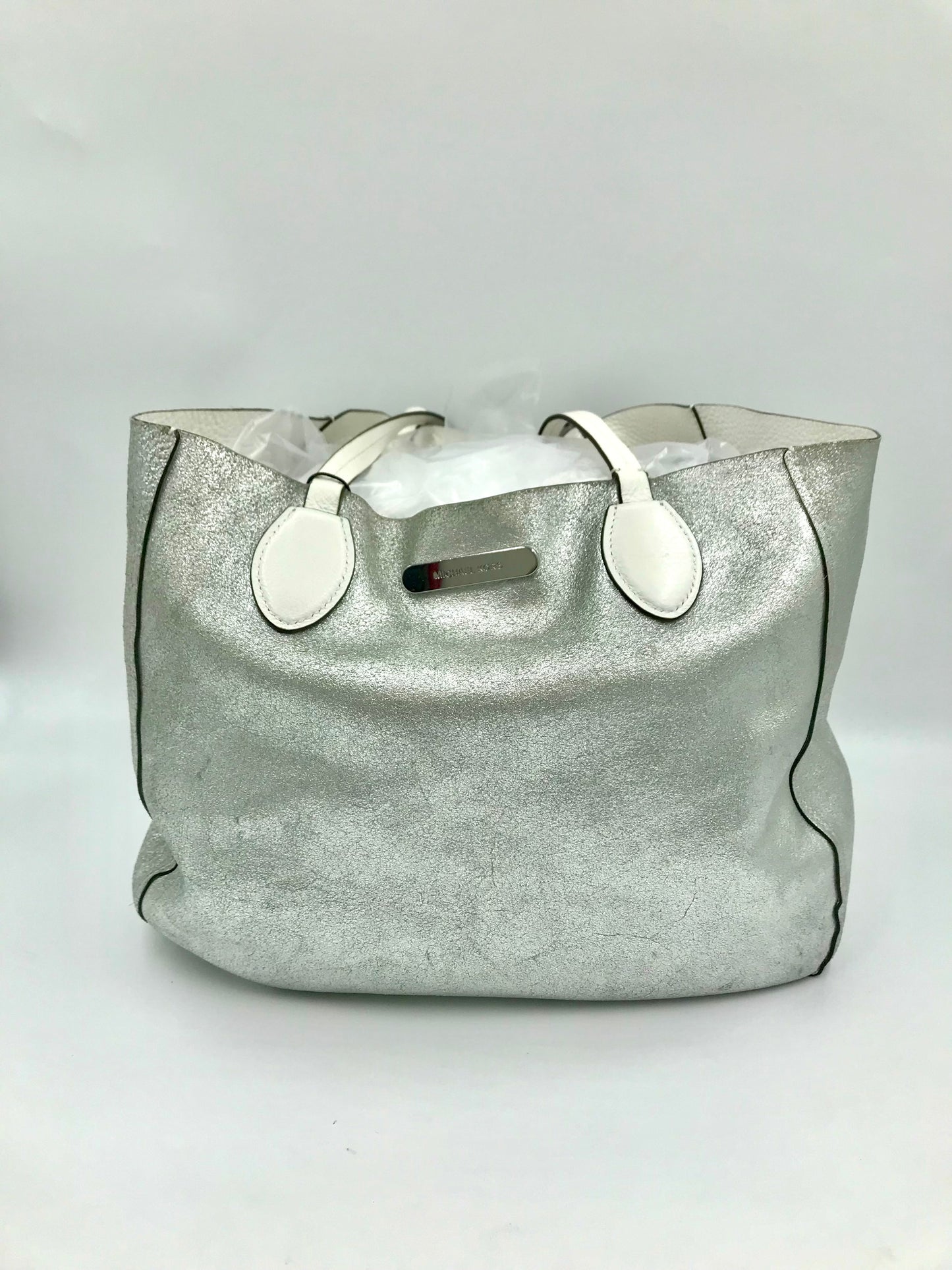 Michael Kors Leather Reversible Silver & White Large Tote
