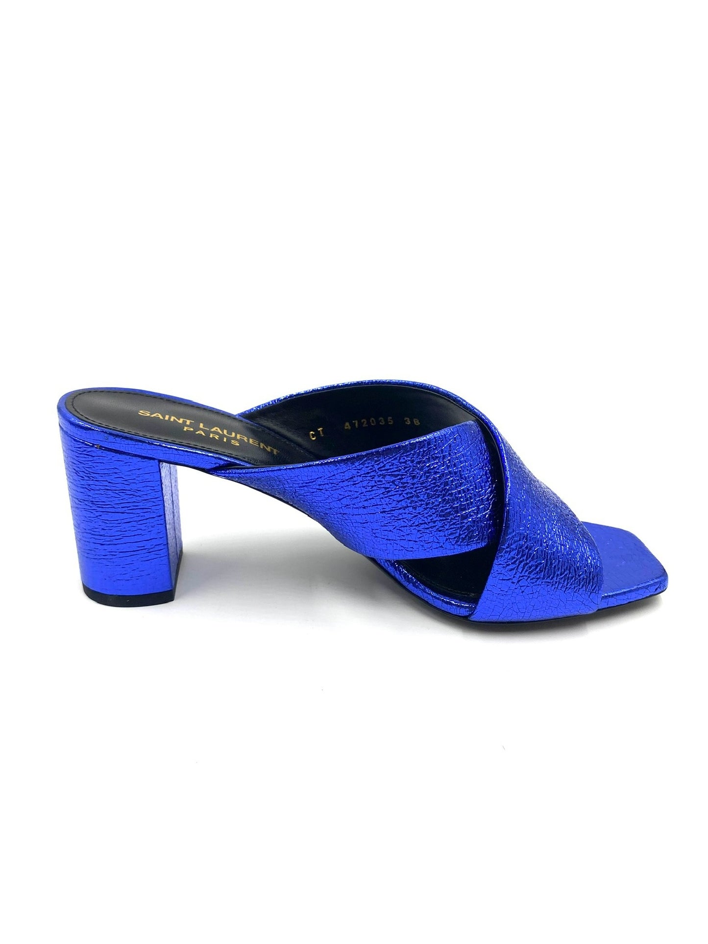 Brand New Saint Laurent Metallic Blue Lou Lou Mule Size 38