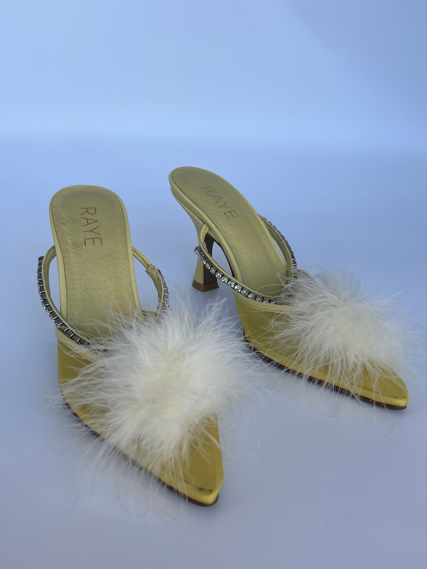 New Raye The Label Yellow Pom Pom Feather Mesh Mule Size 6.5