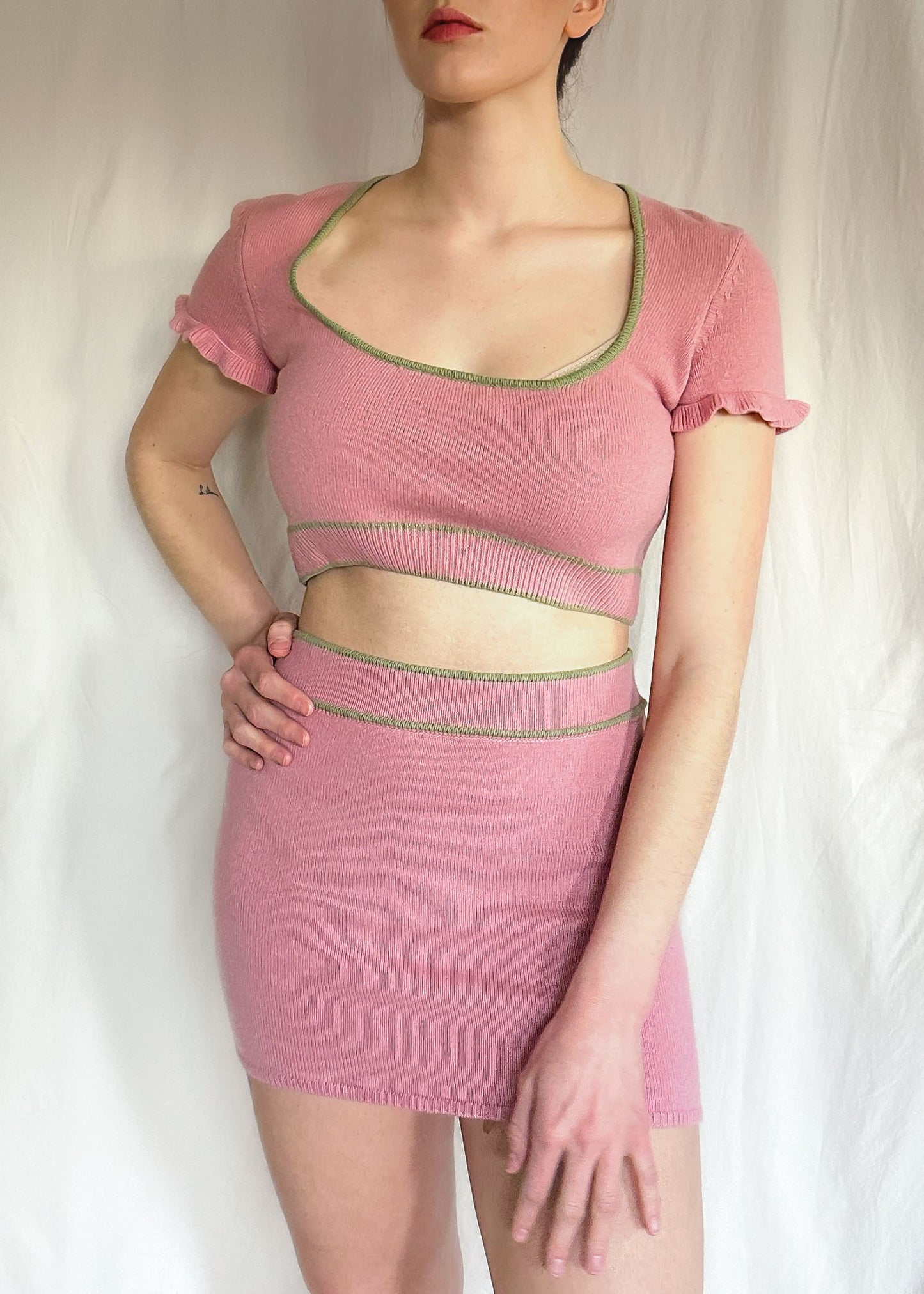 Danielle Guizio Pink Wool Knit Skirt & Crop Top Set Size S/M