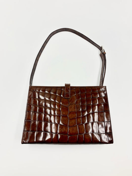 Furla Brown Leather Croc Embossed Shoulder Bag