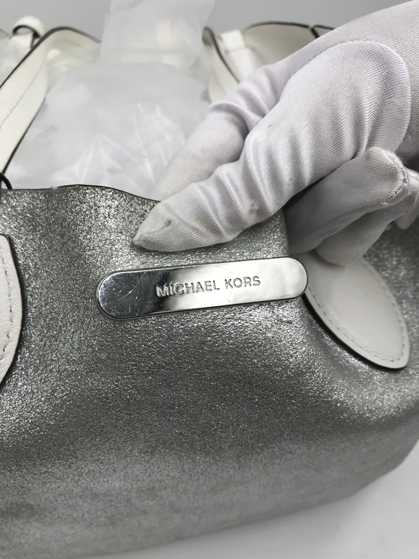 Michael Kors Leather Reversible Silver & White Large Tote