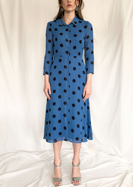 Brand New Reformation “Arcadia” Blue Dotted Shirt Dress Size 8