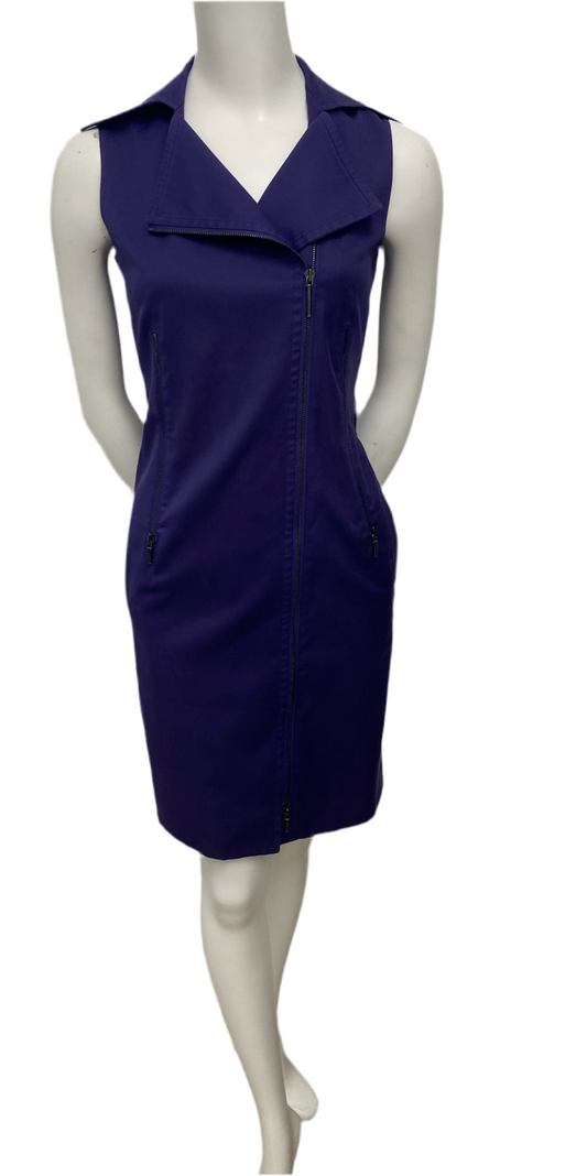 Akris purple cotton blend sleeveless dress, size 4, with a front zip closure and collared neckline.