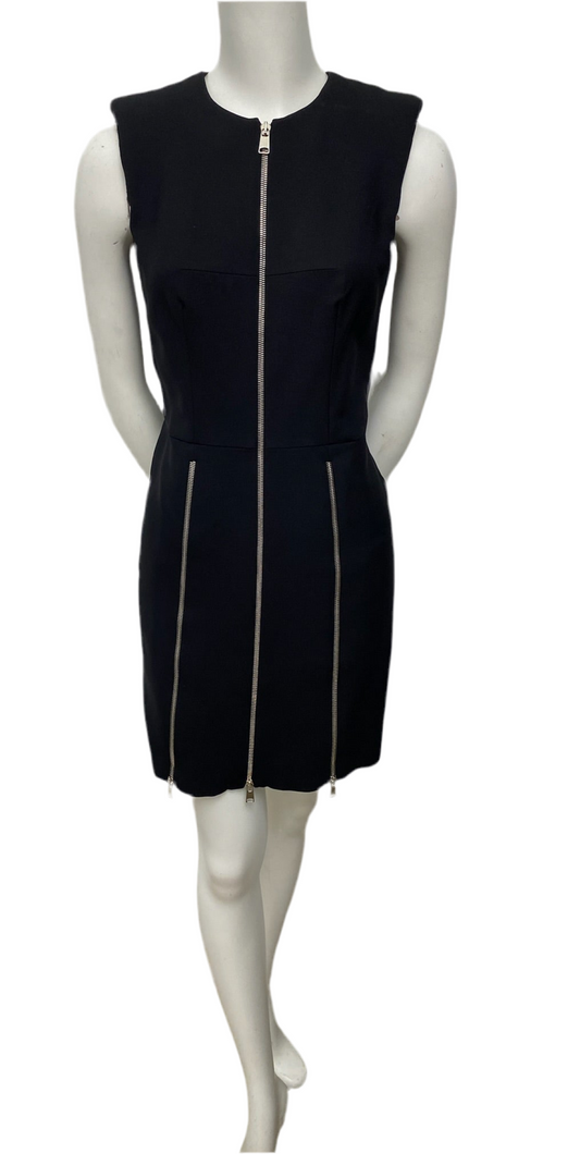 Alexander McQueen black wool-silk blend sleeveless dress, size 40, with a front zip and two decorative zips.