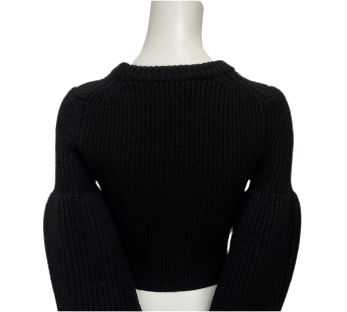 Alexander Wang black knit sweater, size XS, with ribbed texture, round neck, and puff sleeves.