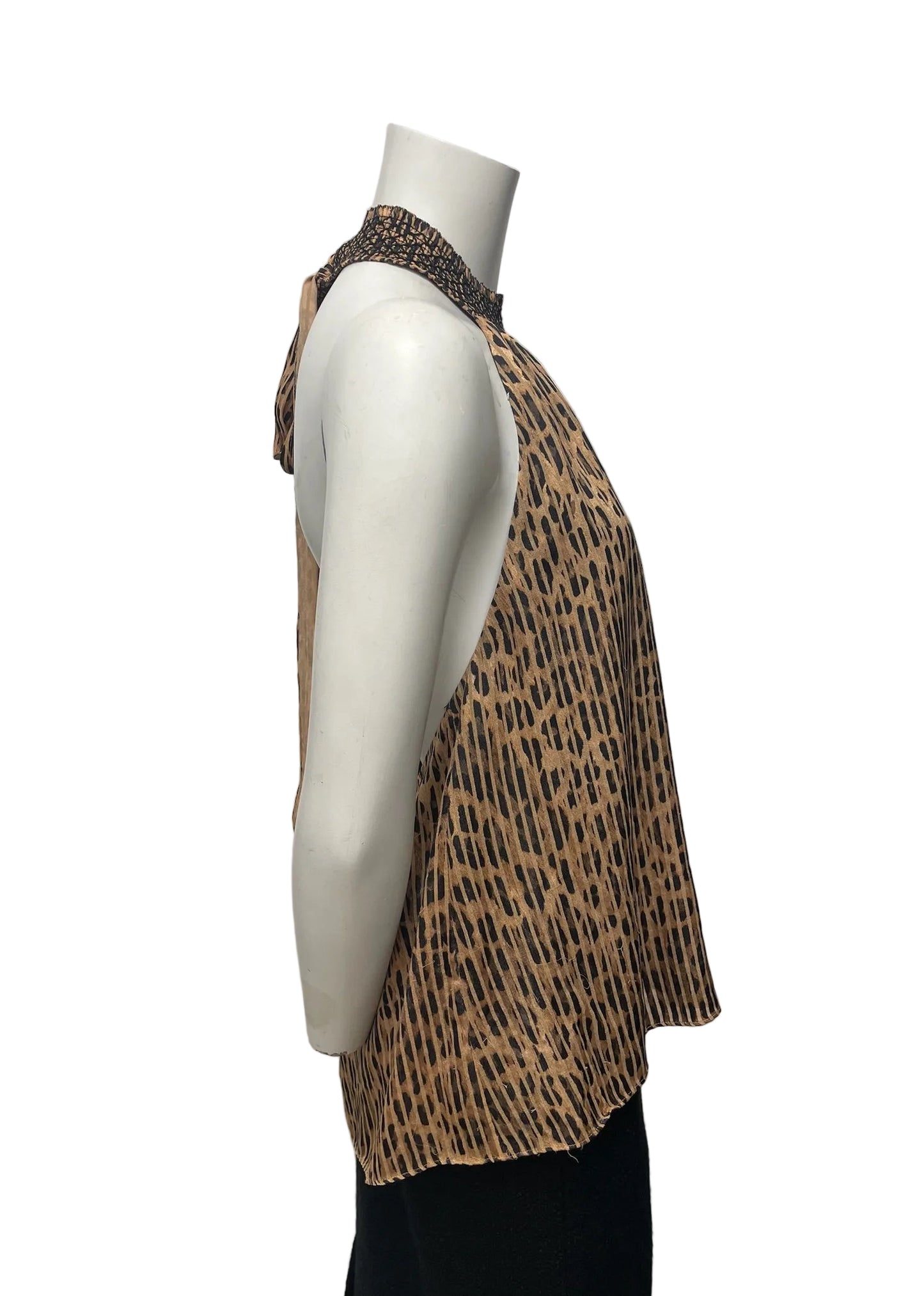 Alice & Olivia leopard print halter blouse, size M, with smocked neckline and open-back tie.