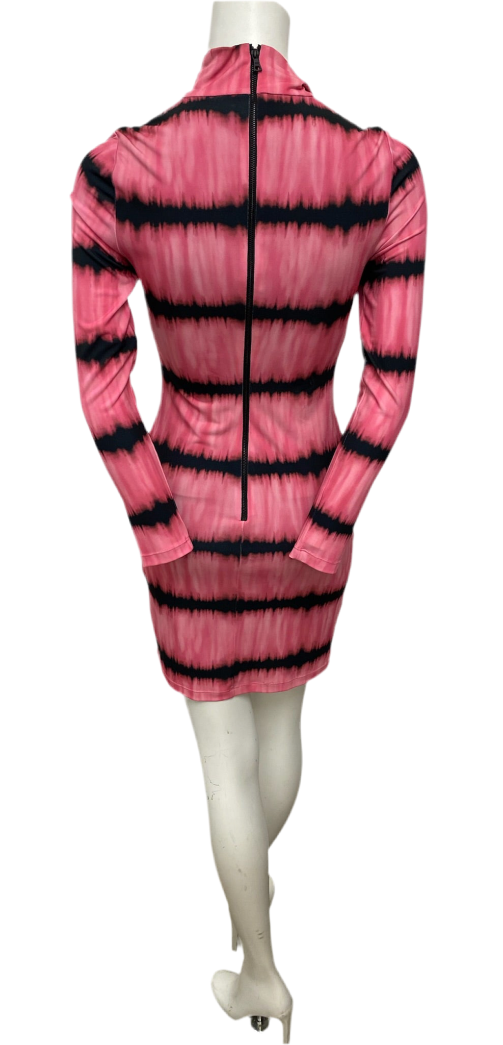 Alice & Olivia pink tie-dye long sleeve mock neck dress with back zip closure, size 4.