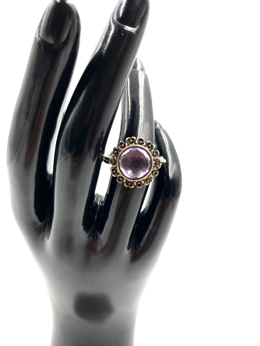Amethyst sterling silver ring, size 6, with a round purple gemstone and beaded bezel.