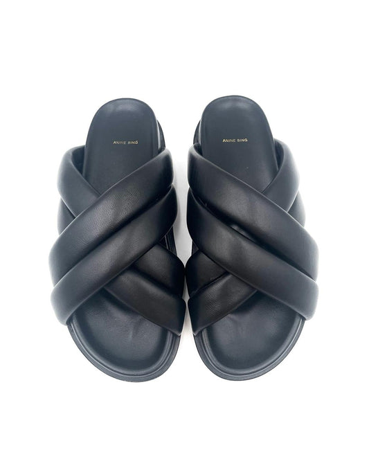 Anine Bing Lizzy Black Leather Slides Size 40