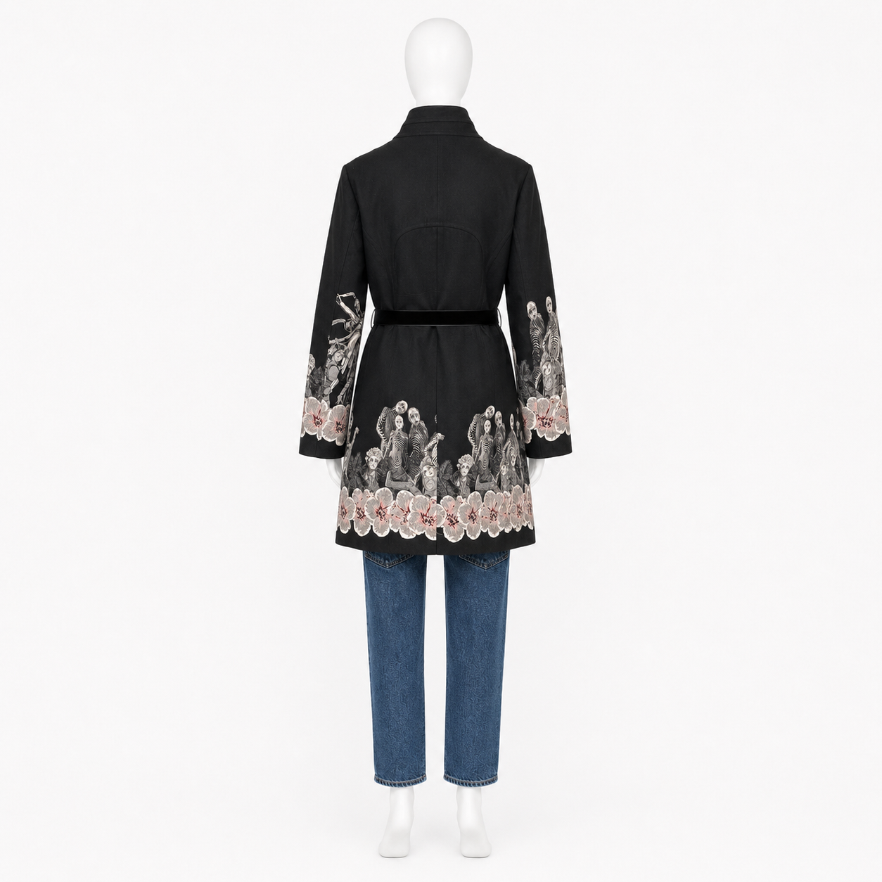 Desigual Black Floral & Skeleton Embroided Belted Coat Size 46 US XXL