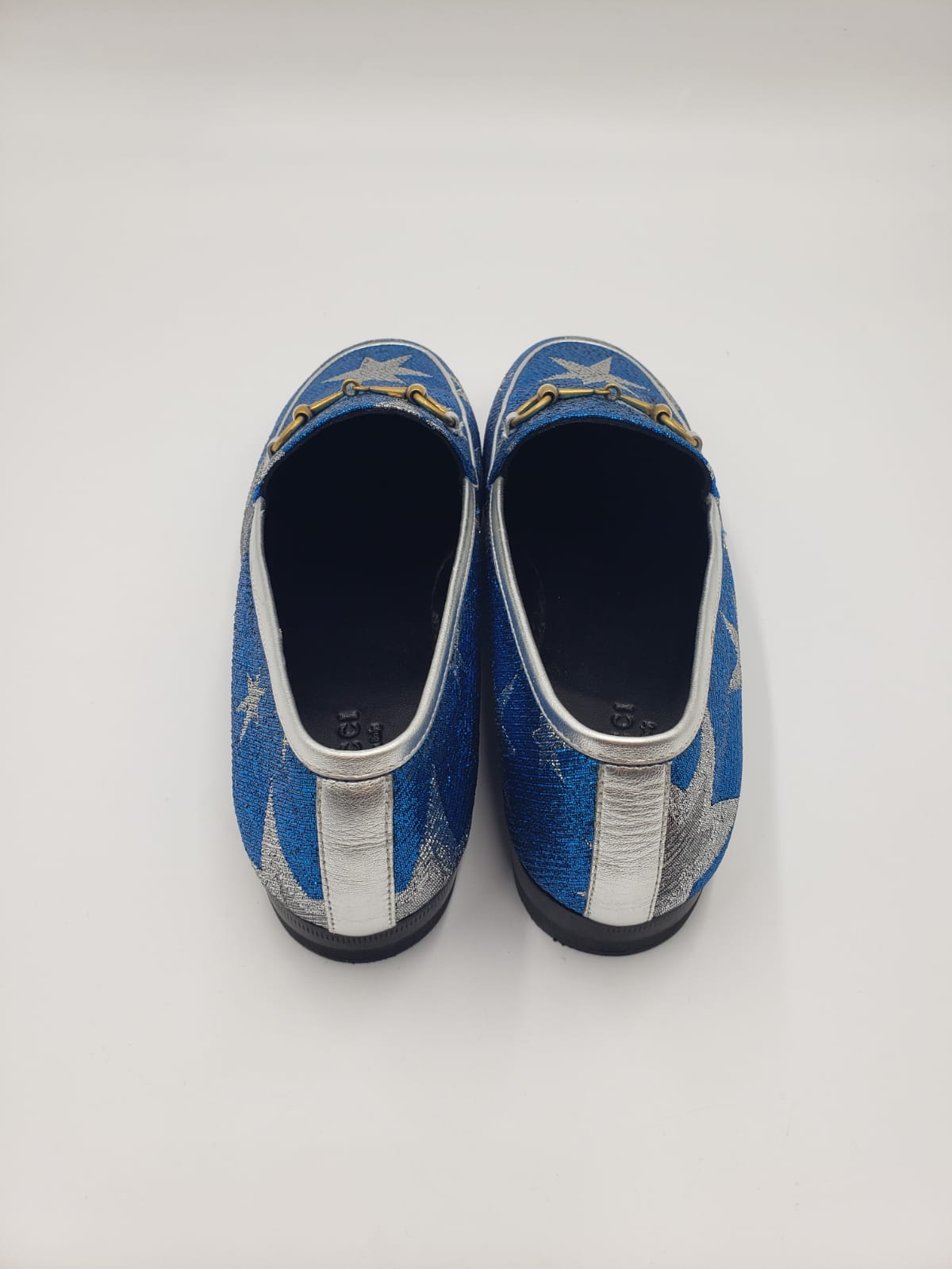 Brand New Gucci Blue & Silver Star Jordaan Loafers Size 39.5