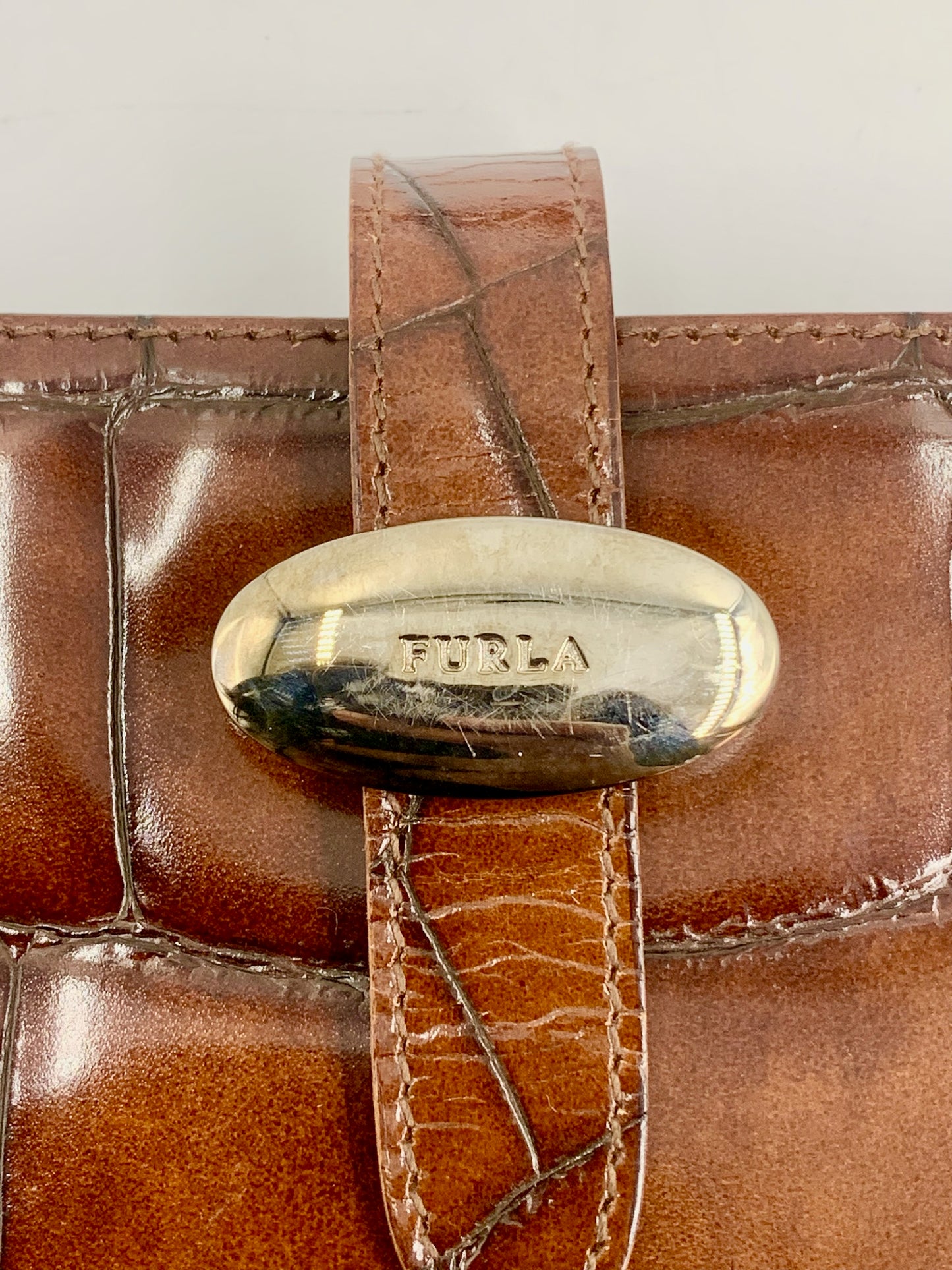 Furla Brown Leather Croc Embossed Shoulder Bag