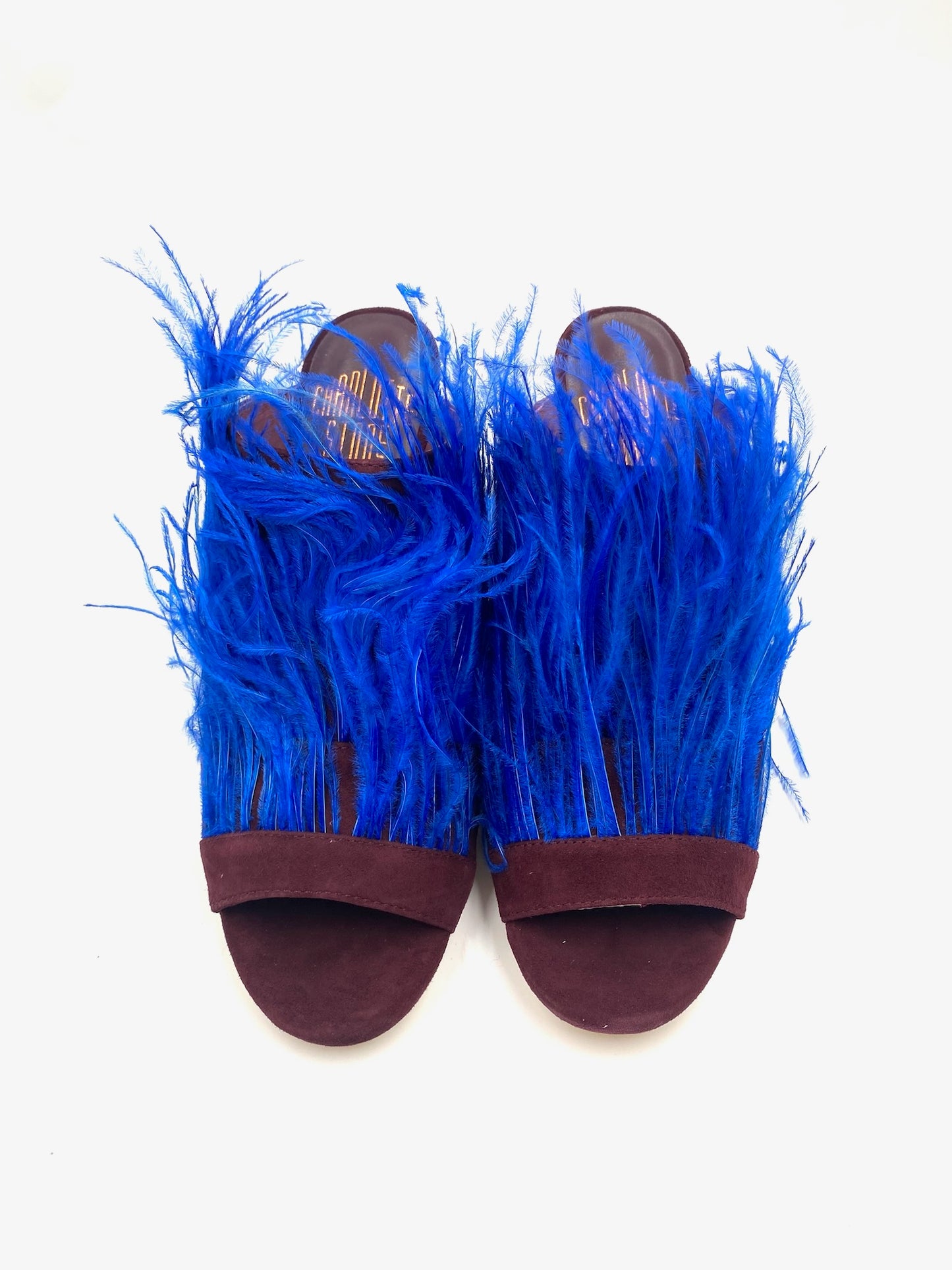Brand New Charlotte Stone Oxblood & Royal Blue Feather Mule Size 8